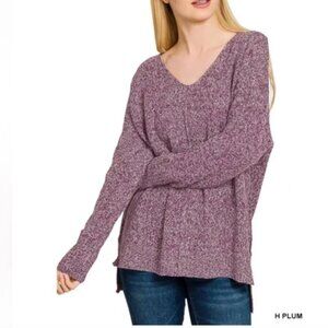 NEW Zenana Outfitters NWT Heathered Plum V-Neck Oversized Sweater Size LARGE